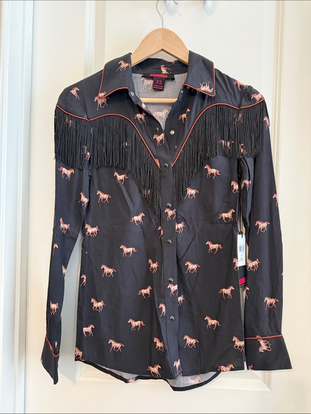 Rock & Roll Denim Horse Print Fringe Western Shirt - Black